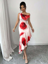 Asymmetric Off-Shoulder Floral Midi Dress image 1