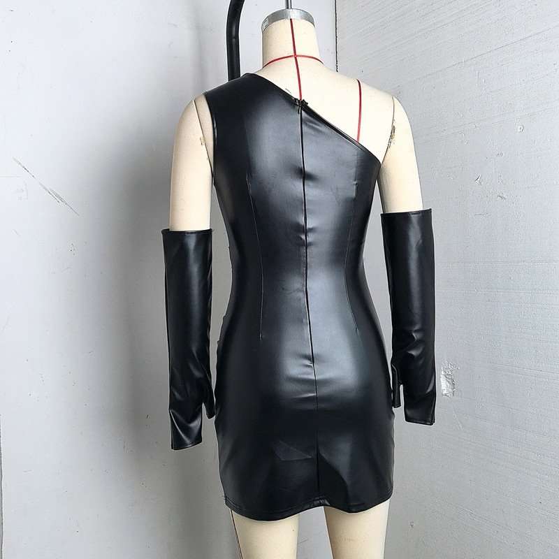 One-Shoulder Faux Leather Mini Dress with Gloves image 5