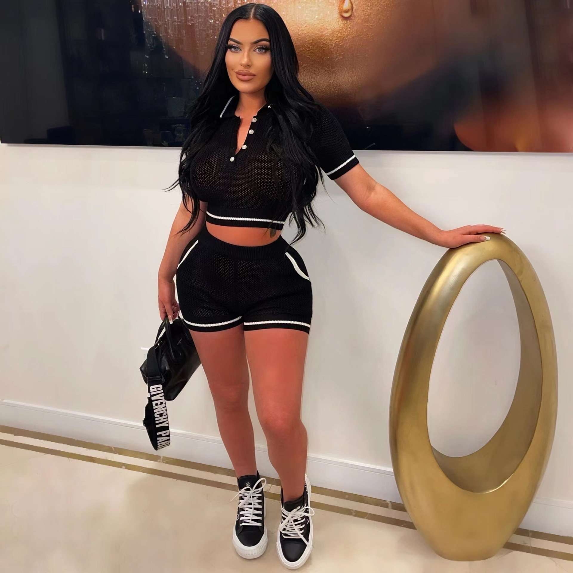 Knitted Two-Piece Shorts Set - L, Black image