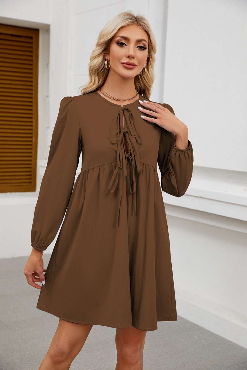 Chic Long Sleeve Tie-Front Mini Dress - M, Brown image