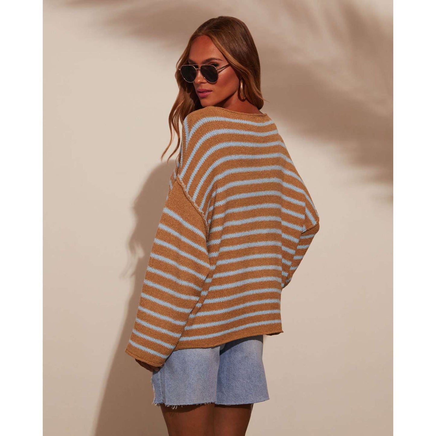Striped Loose Bat Long Sleeve Sweater image 4
