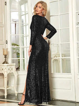 Shiny V Neck Sequin Long Sleeves Evening Dress image 2