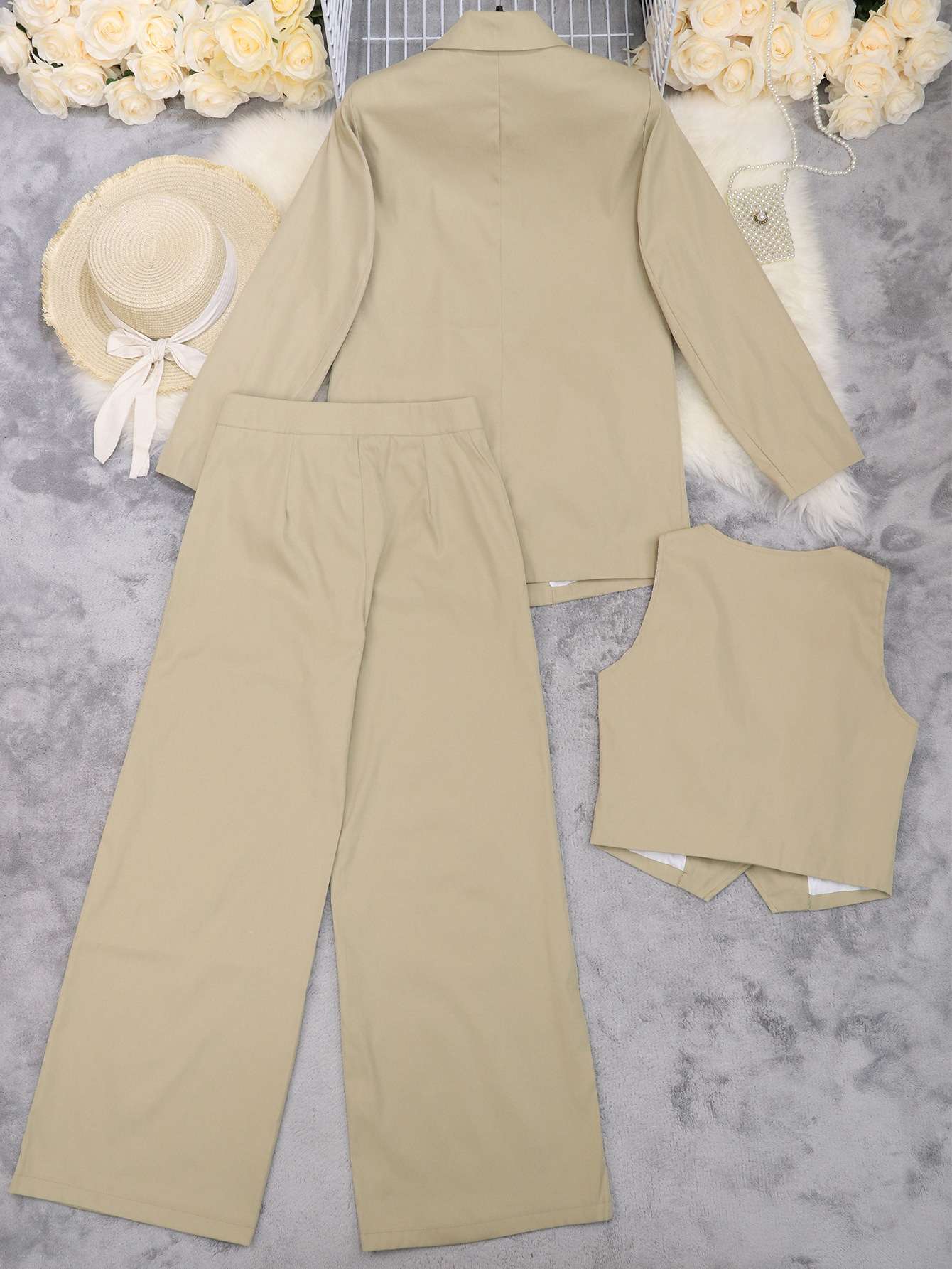 Solid Blazer Waistcoat Wide-leg Pants Set image 4