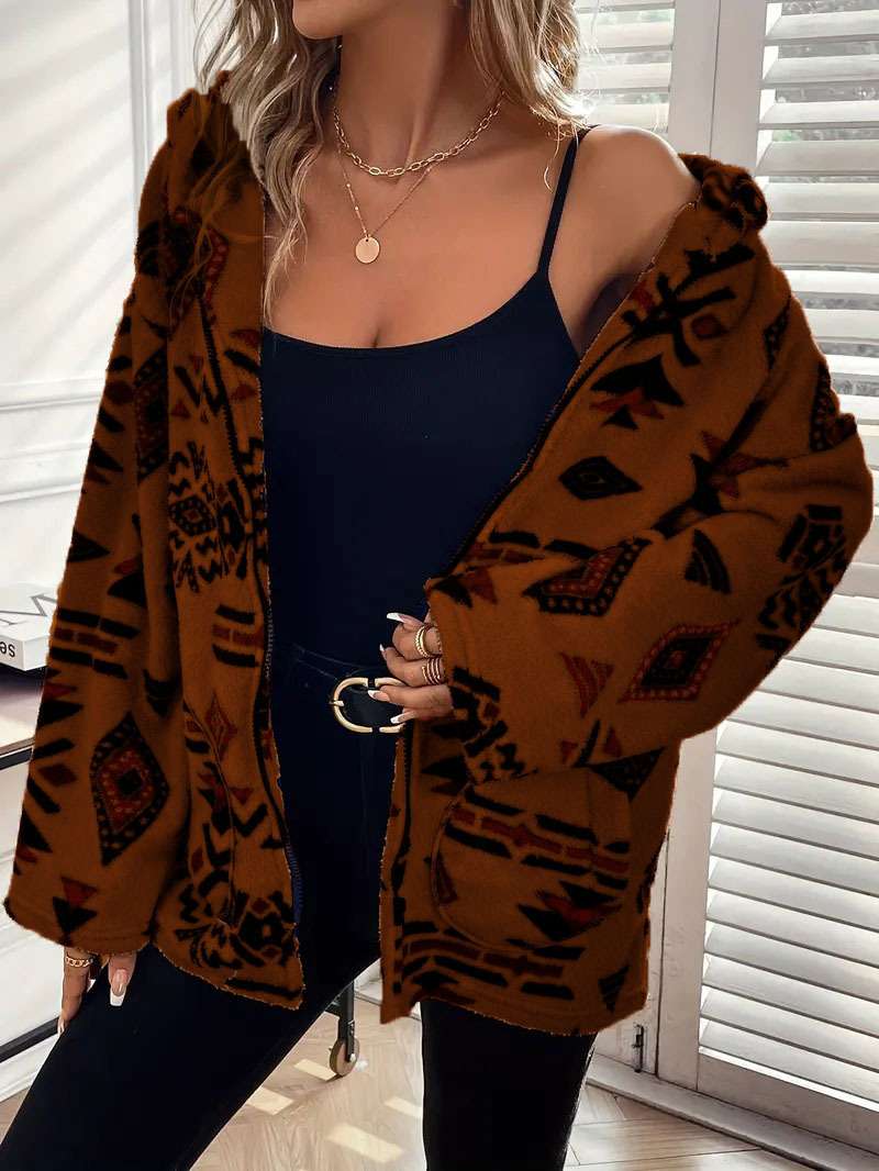 Bohemian-Inspired Patterned Zip-Up Jacket - S, Brown image