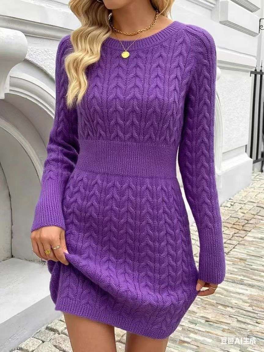 Elegant Cable Knit Sweater Dress - S, Purple image