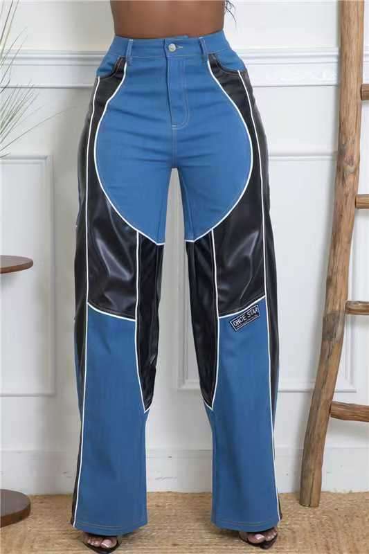 Color-Block High-Waisted Wide-Leg Pants - M, Blue image
