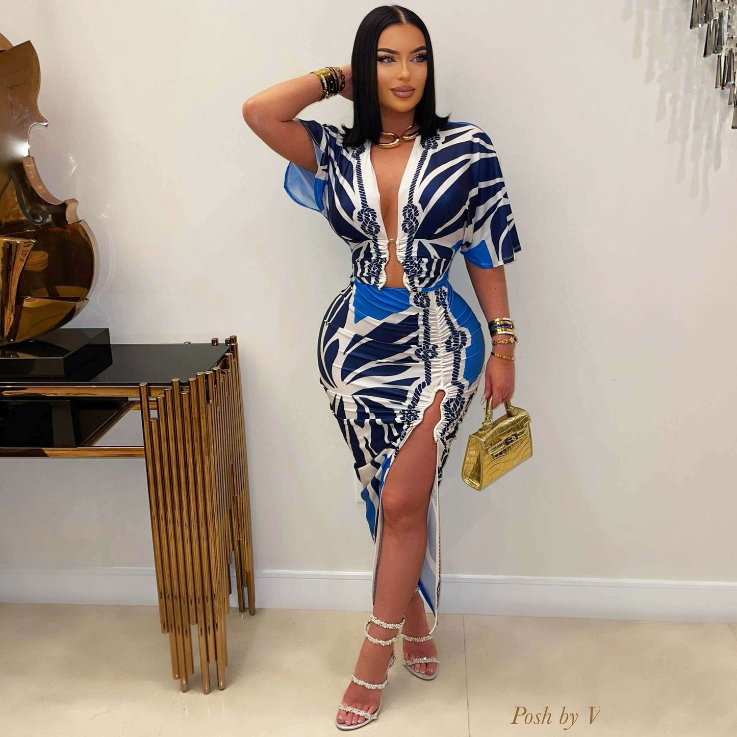 Elegant Patterned Dress with Side Slit - S, Blue image