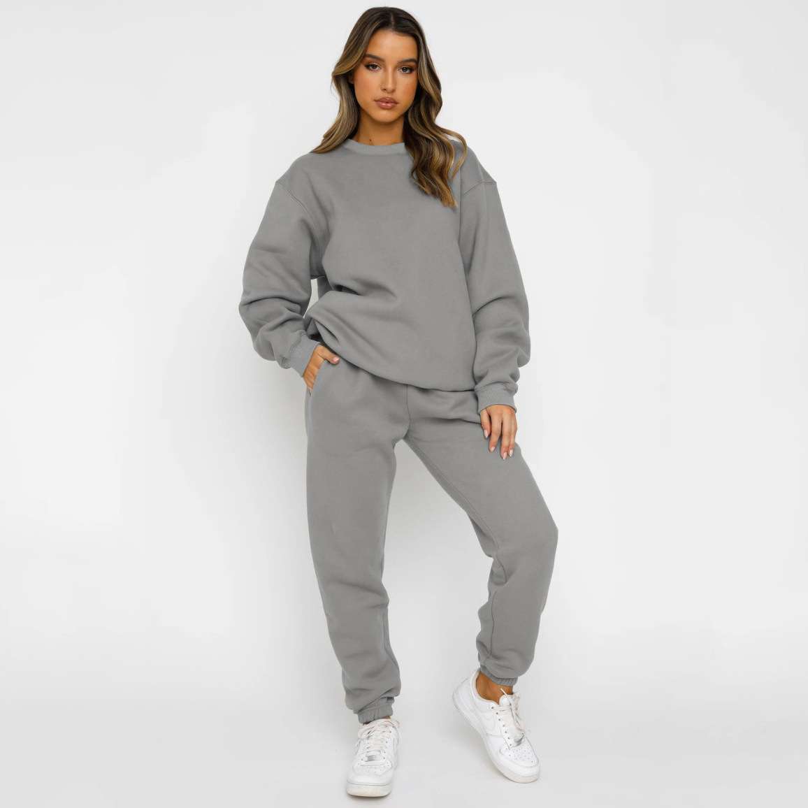 Solid Round Neck Pullover Sweatshirt and Jogger Pants - S, Grey image