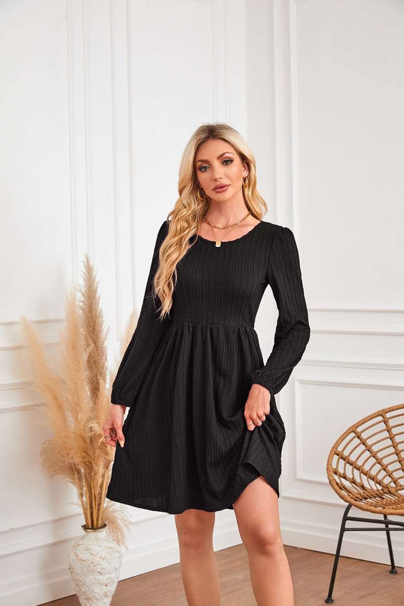 Long-sleeved Solid round neck Dress - S, Black image