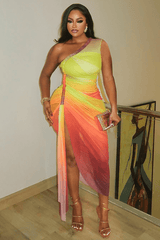 Colorful One-Shoulder Gradient Maxi Dress - S, Multi Red image