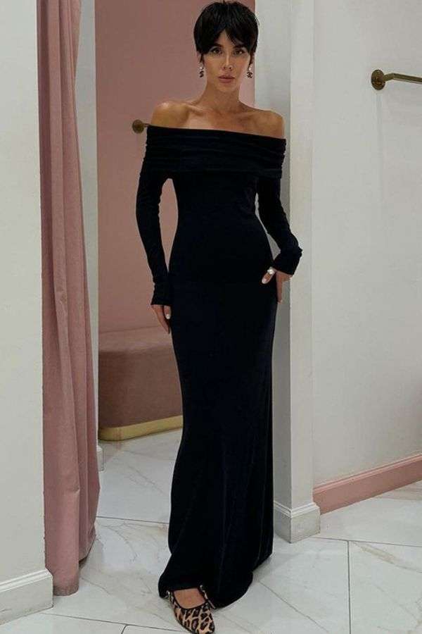 Off shoulder Long Sleeve Maxi Dress - L, Black image