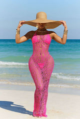 Sunset Wave Crochet Maxi Dress - L, Rose Red image