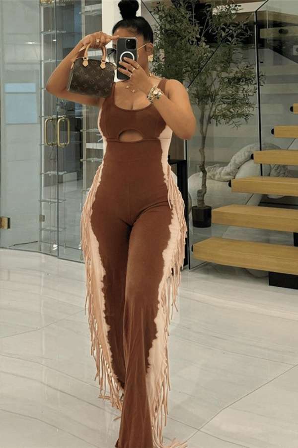 Fringe Fusion Jumpsuit - L, Brown image