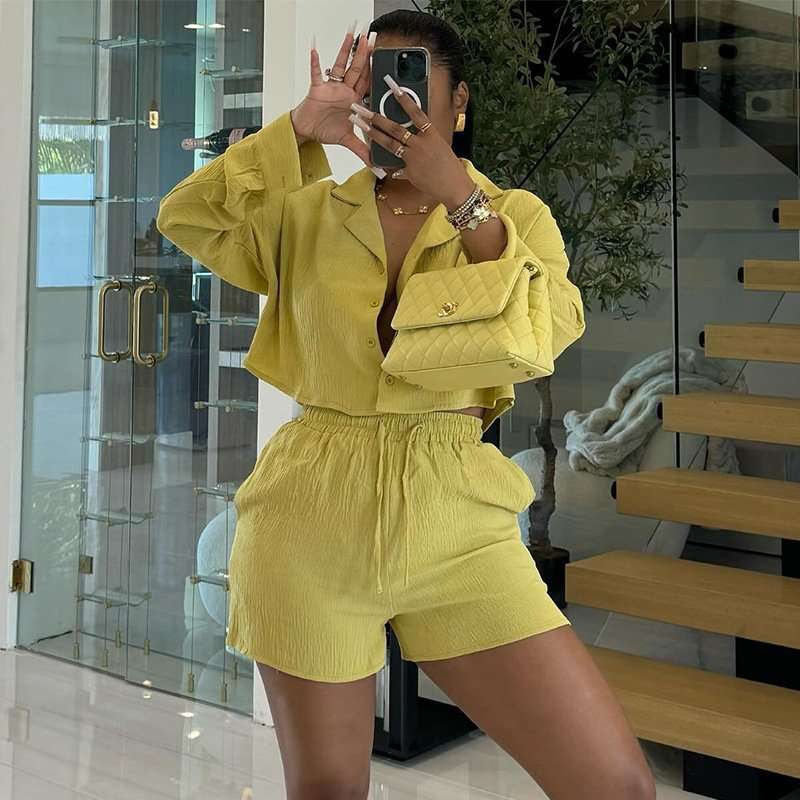 Textured Button-Up Shirt & Shorts Co-ord Set - S, Yellow image
