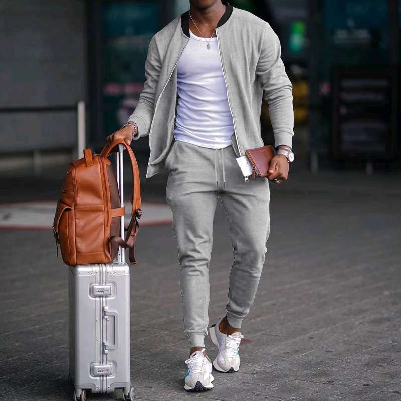 Casual Solid Baseball Collar Tracksuit - M, Light Grey image