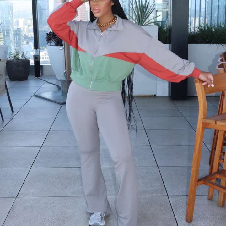 Colorblock Sweatshirt Fitted Pant Sets - S, Grey image