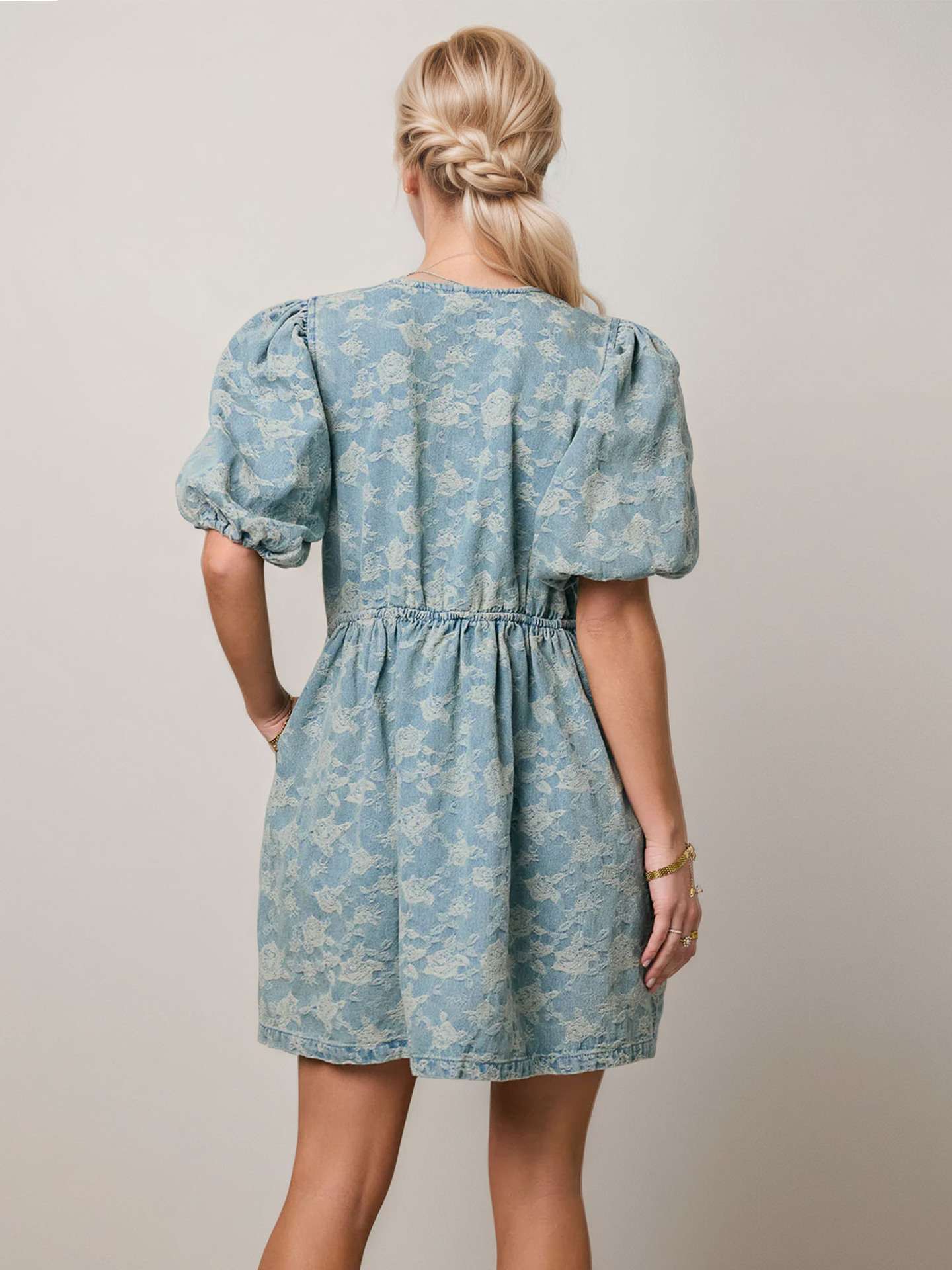 Floral Pattern Short Sleeve Dress with Bow Detail image 6