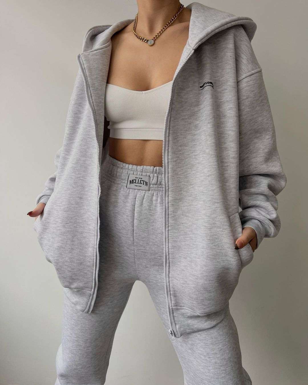 Zip Up Sweatshirt Sweatpant Set - L, Light Grey image