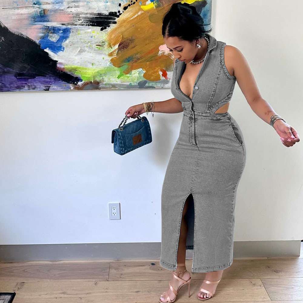 Stylish Cutout Denim Dress with Front Slit - M, Grey image