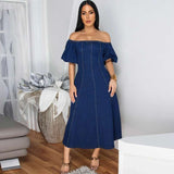 Off-Shoulder Puff Sleeve Midi Dress - M, Blue image
