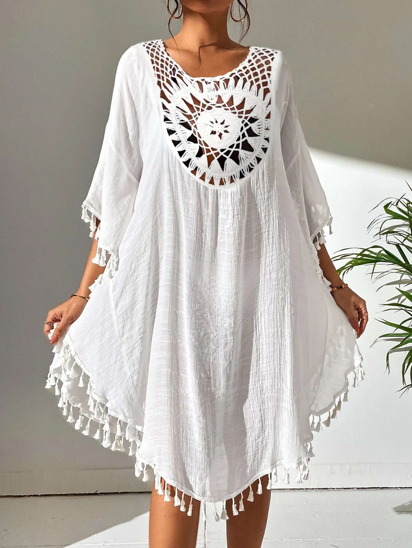 Crochet Front Beach Cover-Up Dress - Free Size, White image