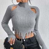 Raglan Sleeve Distressed Crop Sweater - L, Grey image