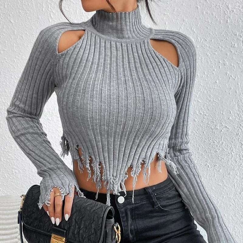 Raglan Sleeve Distressed Crop Sweater - L, Grey image