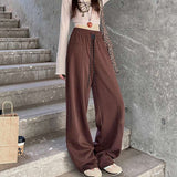 Wide Leg Pants High Waisted Drawstring Loose Trousers - XL, Brown image