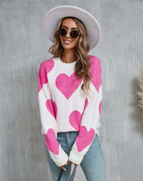 Cozy Pink Heart Pattern Sweater - L, White image