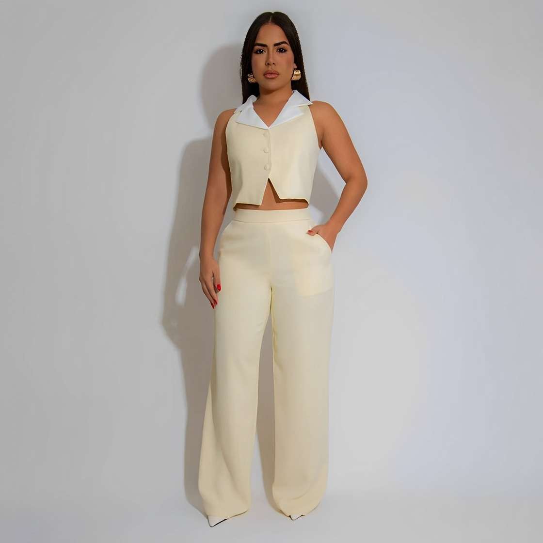 Sleeveless Top & Wide-Leg Pants Suit Set - S, Light Beige image