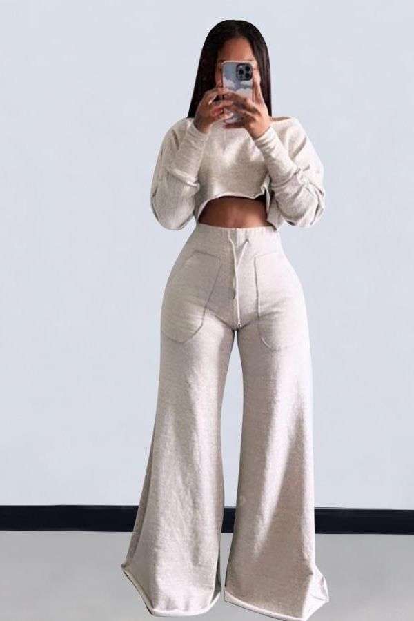 Crop Sweatshirt Wide Leg Pants Set - S, Light Grey image
