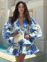 Floral Peplum Dress with Puff Sleeves - S, Blue image