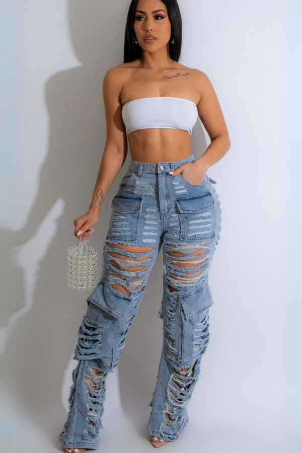 Sexy Mid Rise Ripped Side Pocket Denim Straight Jeans image 0