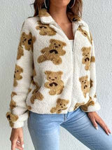 Cozy Teddy Bear Print Fleece Jacket - S, Beige image