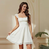 Lace-Trim A-Line Dress - L, White image