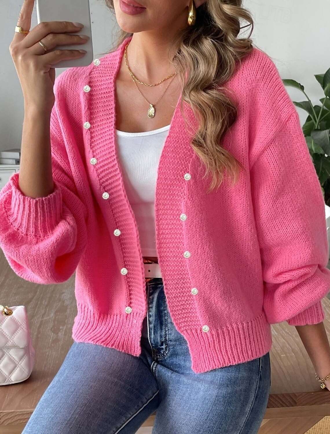 Pink Button-Accented Knit Cardigan - M, Pink image