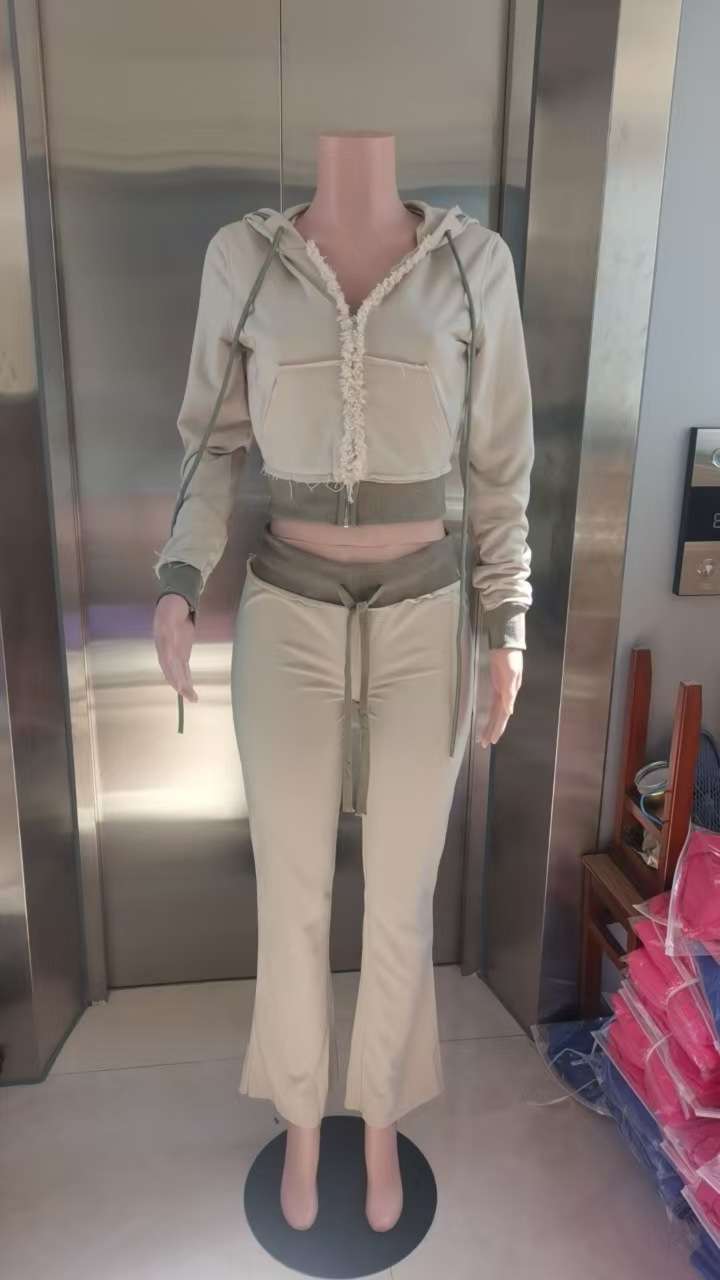 Contrast Patchwork Zipper Top Drawstring Pants Set image 6