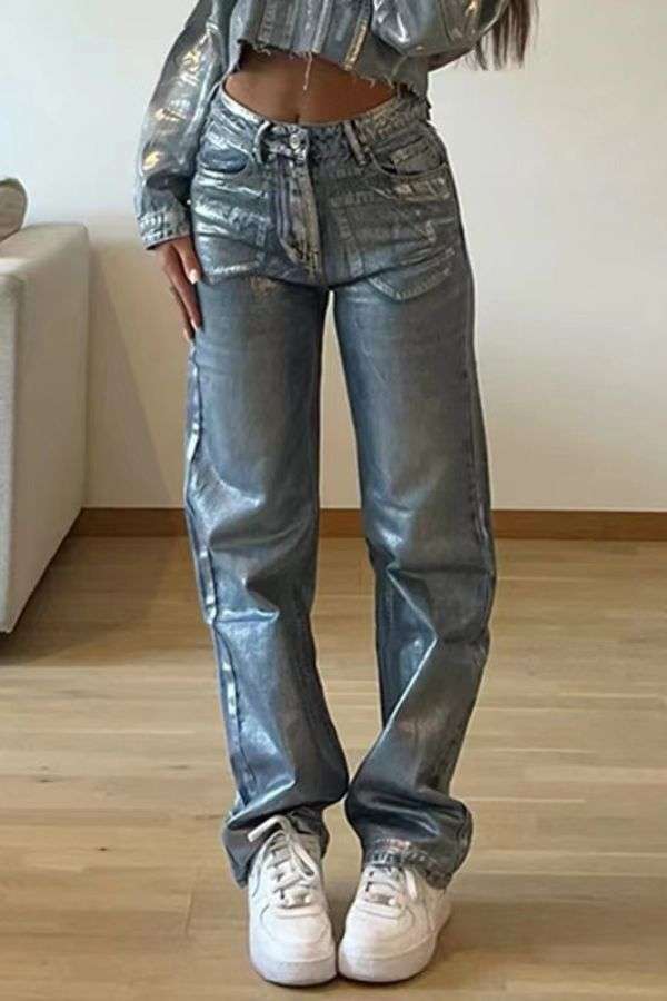 Fashion Hot Silver High Waist Straight Jeans - S, Blue image