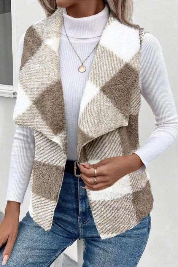 Plush Plaid Wrap Vest - S, Beige image