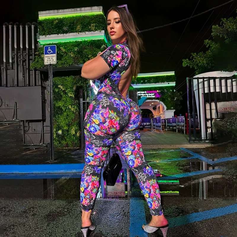 Printed Backless Bodycon Jumpsuit - S, Multi Purple image