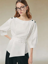 Asymmetrical Belted Blouse with Puff Sleeves image 5