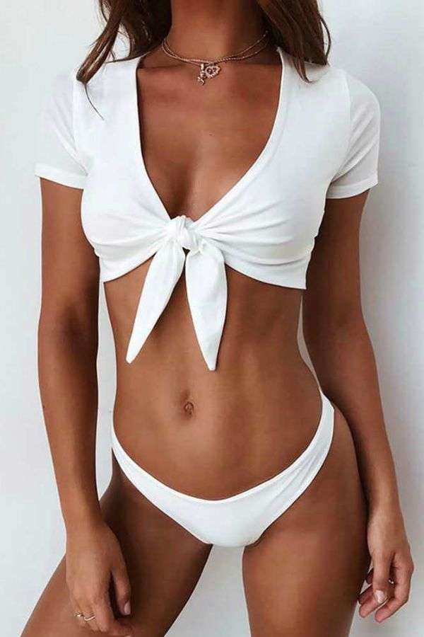 Sexy V Neck Short Sleeve Front Knot Tie Swimsuit image 0