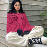Hollow Out Crochet Knit Crop Tops Sweater - L, Rose Red image