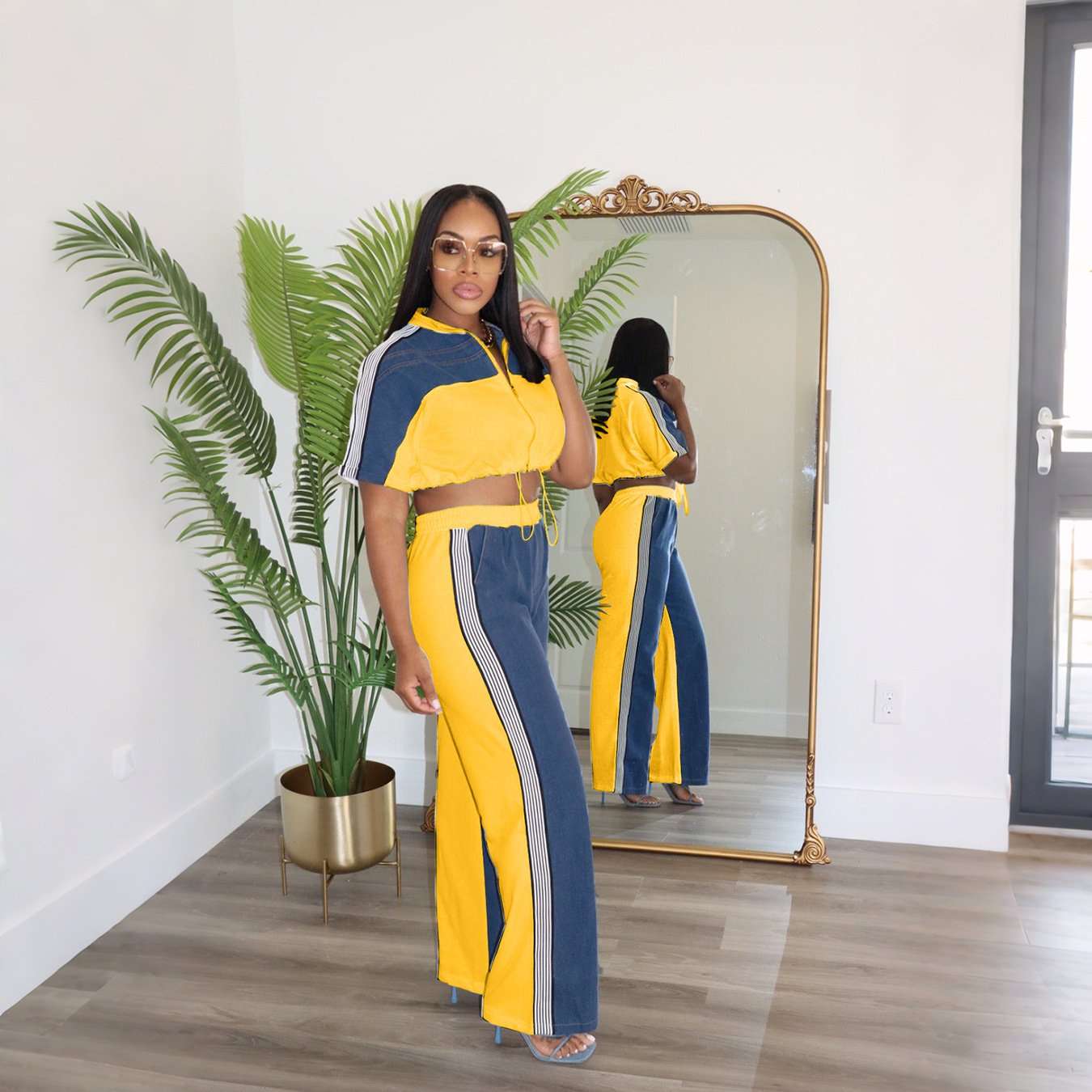 Colorblock Zip-Up Cropped Top & Pants Set - S, Yellow image