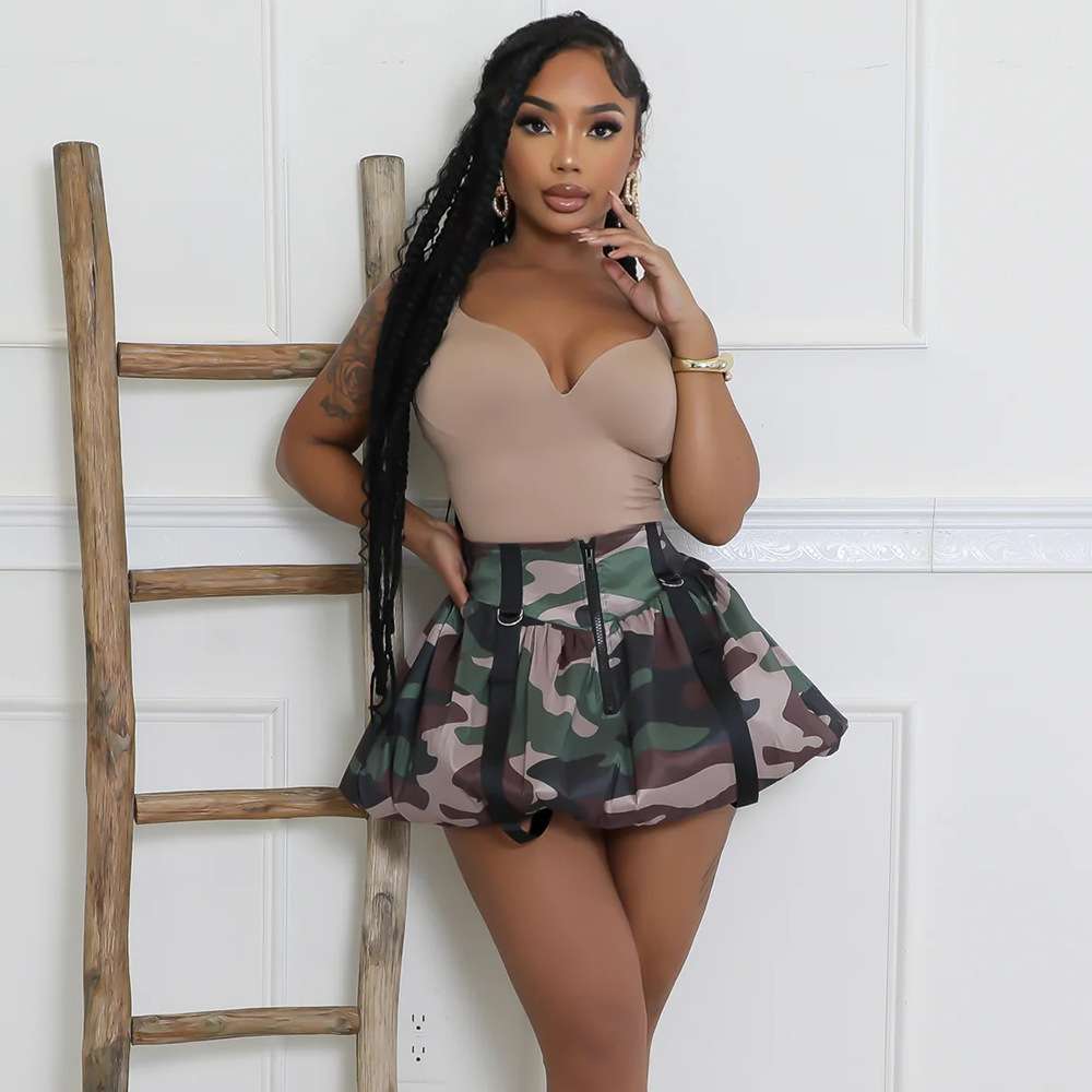 Camo Print Ruffle Short Mini Skirt - XL, Army Green image