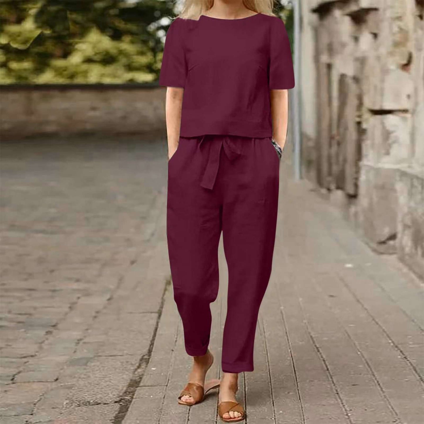 Short Sleeve Top & Drawstring Pants Set - S, Wine Red image