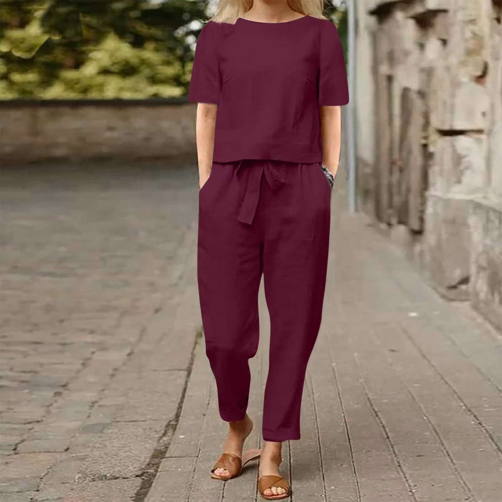 Short Sleeve Top & Drawstring Pants Set - S, Wine Red image
