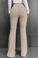 High Rise Plain Ribbed Knit Flared Pants image 3