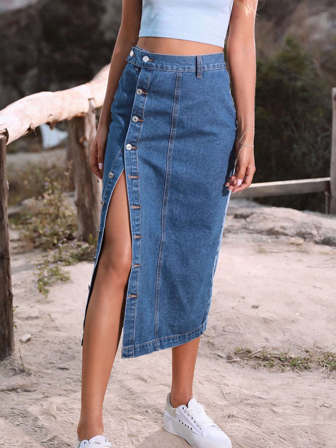 Midi Skirt with Buttoned Slit - M, Blue image