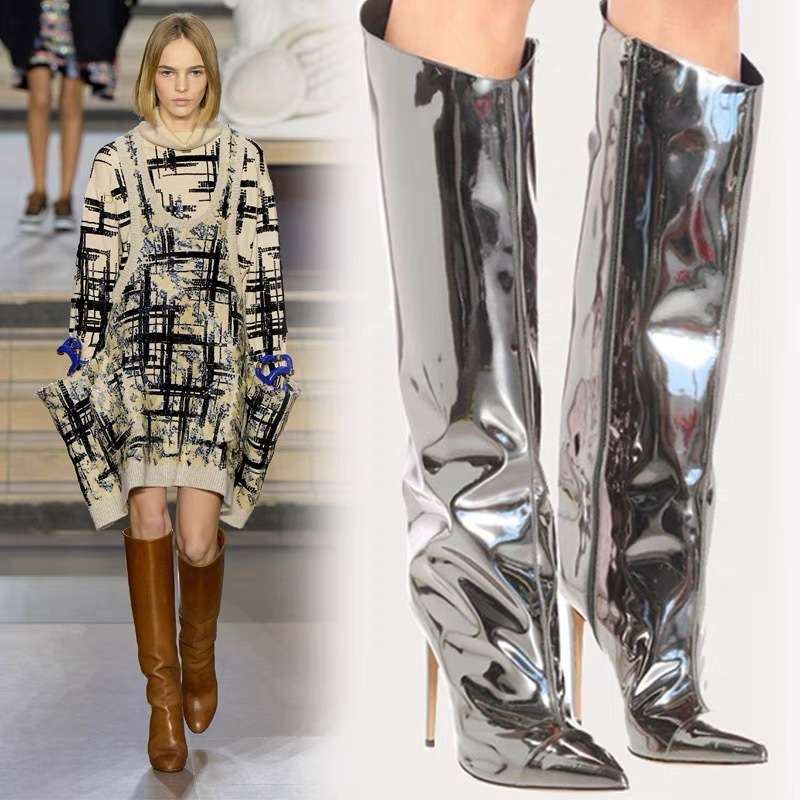 Metal Boots with Pointed Toe knee-high boots - 9.5, Silver image